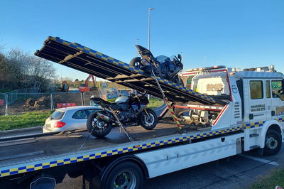 Two Yamaha R1s on a police transporter